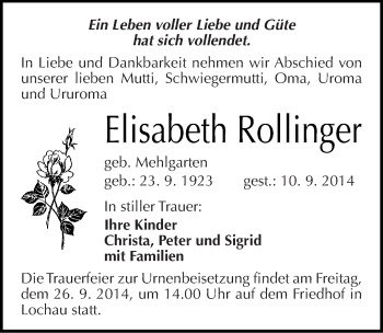 Traueranzeige von Elisabeth Rollinger von Mitteldeutsche Zeitung Halle/Saalkreis