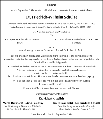 Traueranzeige von Friedrich-Wilhelm Schulze von Mitteldeutsche Zeitung Bitterfeld
