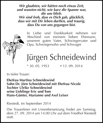 Traueranzeige von Jürgen Schneidewind von Mitteldeutsche Zeitung Sangerhausen