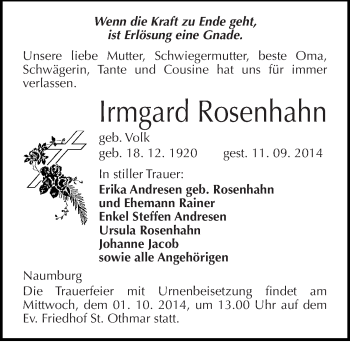Traueranzeige von Irmgard Rosenhahn von Mitteldeutsche Zeitung Naumburg/Nebra