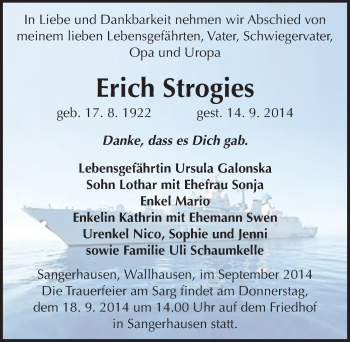 Traueranzeige von Erich Strogies von Mitteldeutsche Zeitung Sangerhausen