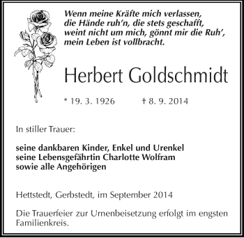 Traueranzeige von Herbert Goldschmidt von Mitteldeutsche Zeitung Mansfelder Land