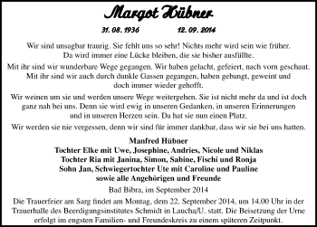 Traueranzeige von Margot Hübner von Mitteldeutsche Zeitung Naumburg/Nebra