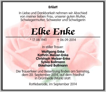 Traueranzeige von Elke Enke von Mitteldeutsche Zeitung Sangerhausen
