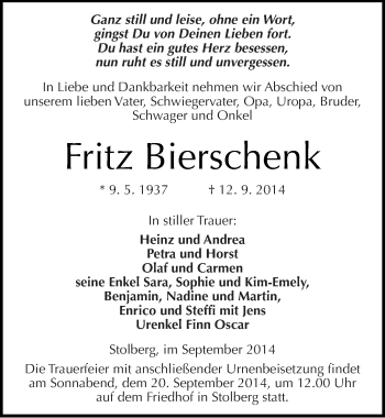 Traueranzeige von Fritz Bierschenk von Mitteldeutsche Zeitung Sangerhausen