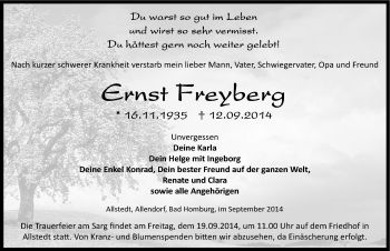 Traueranzeige von Ernst Freyberg von Mitteldeutsche Zeitung Sangerhausen