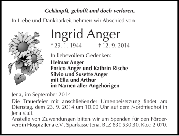 Traueranzeige von Ingrid Anger von Mitteldeutsche Zeitung Sangerhausen