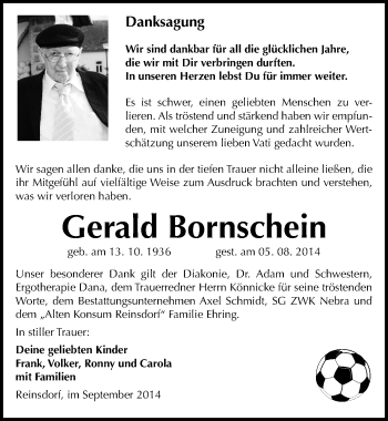 Traueranzeige von Gerald Bornschein von Mitteldeutsche Zeitung Naumburg/Nebra