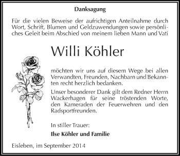 Traueranzeige von Willi Köhler von Mitteldeutsche Zeitung Mansfelder Land