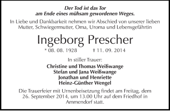 Traueranzeige von Ingeborg Prescher von Mitteldeutsche Zeitung Halle/Saalkreis