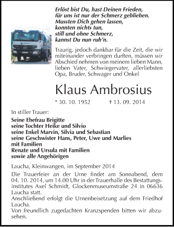 Traueranzeige von Klaus Ambrosius von Mitteldeutsche Zeitung Naumburg/Nebra