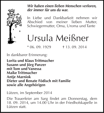 Traueranzeige von Ursula Meißner von Mitteldeutsche Zeitung Weißenfels