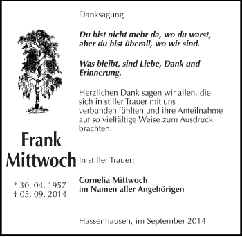 Traueranzeige von Frank Mittwoch von Mitteldeutsche Zeitung Naumburg/Nebra