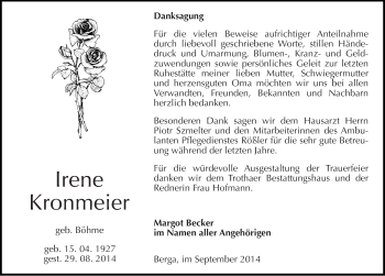 Traueranzeige von Irene Kronmeier von Mitteldeutsche Zeitung Halle/Saalkreis