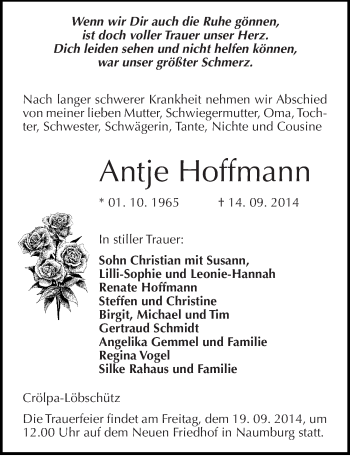 Traueranzeige von Antje Hoffmann von Mitteldeutsche Zeitung Naumburg/Nebra