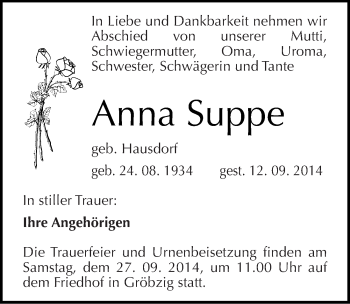 Traueranzeige von Anna Suppe von Mitteldeutsche Zeitung Köthen