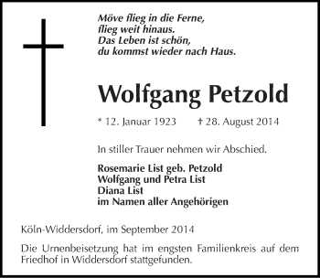 Traueranzeige von Wolfgang Petzold von Mitteldeutsche Zeitung Naumburg/Nebra
