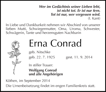 Traueranzeige von Erna Conrad von Mitteldeutsche Zeitung Köthen