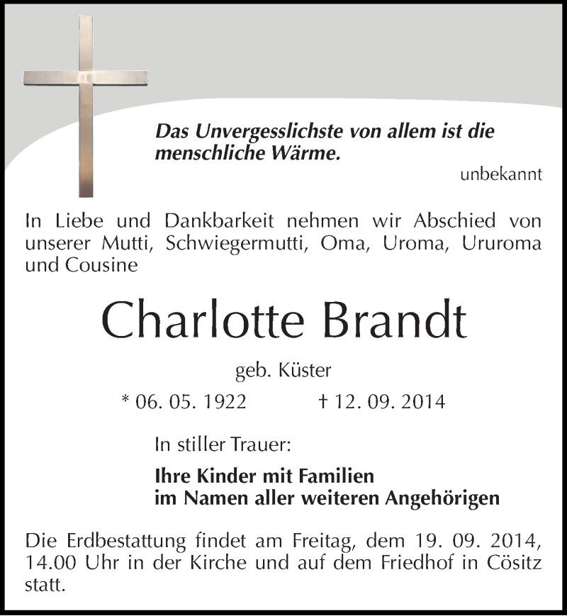  Traueranzeige für Charlotte Brandt vom 17.09.2014 aus Mitteldeutsche Zeitung Köthen