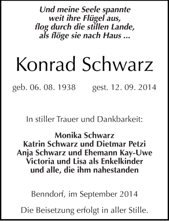 Traueranzeige von Konrad Schwarz von Mitteldeutsche Zeitung Mansfelder Land