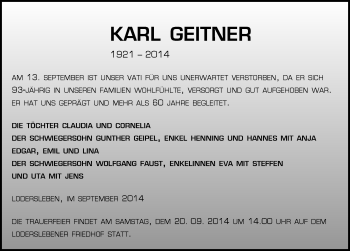 Traueranzeige von Karl Geitner von Mitteldeutsche Zeitung Merseburg/Querfurt