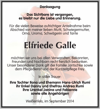 Traueranzeige von Elfriede Galle von Mitteldeutsche Zeitung Weißenfels