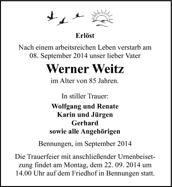 Traueranzeige von Werner Weitz von Mitteldeutsche Zeitung Sangerhausen
