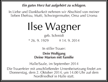 Traueranzeige von Ilse Wagner von Mitteldeutsche Zeitung Halle/Saalkreis