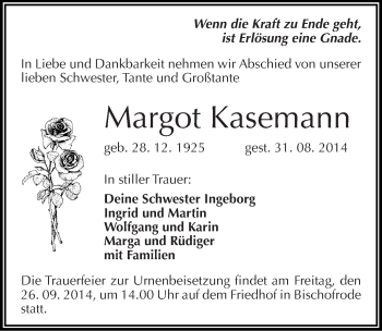 Traueranzeige von Margot Kasemann von Mitteldeutsche Zeitung Mansfelder Land