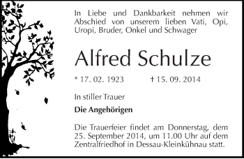 Traueranzeige von Alfred Schulze von Mitteldeutsche Zeitung Dessau-Roßlau