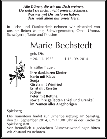 Traueranzeige von Marie Bechstedt von Mitteldeutsche Zeitung Naumburg/Nebra