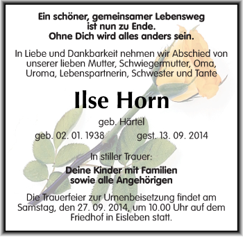Traueranzeige von Ilse Horn von Mitteldeutsche Zeitung Mansfelder Land