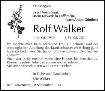 Traueranzeige von Rolf Walker von Mitteldeutsche Zeitung Merseburg/Querfurt