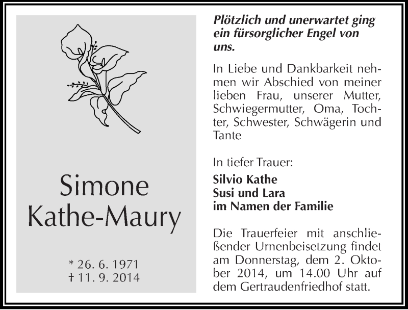  Traueranzeige für Simone Kathe-Maury vom 20.09.2014 aus Mitteldeutsche Zeitung Halle/Saalkreis