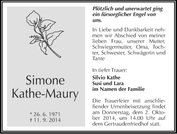 Traueranzeige von Simone Kathe-Maury von Mitteldeutsche Zeitung Halle/Saalkreis