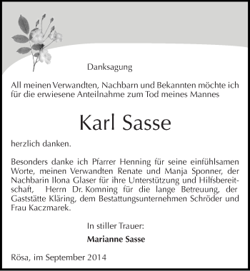 Traueranzeige von Karl Sasse von Mitteldeutsche Zeitung Bitterfeld
