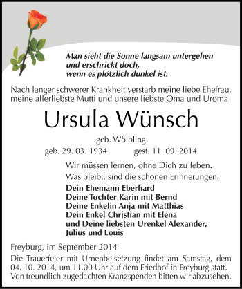 Traueranzeige von Ursula Wünsch von Mitteldeutsche Zeitung Naumburg/Nebra