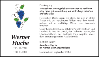 Traueranzeige von Werner Huche von Mitteldeutsche Zeitung Naumburg/Nebra