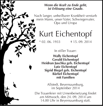Traueranzeige von Kurt Eichentopf von Mitteldeutsche Zeitung Sangerhausen