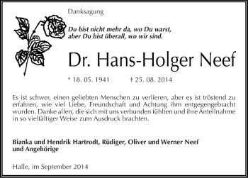 Traueranzeige von Hans-Holger Neef von Mitteldeutsche Zeitung Halle/Saalkreis