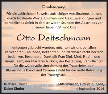 Traueranzeige von Otto Deitschmann von Mitteldeutsche Zeitung Sangerhausen