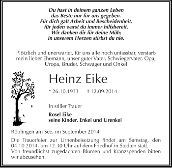 Traueranzeige von Heinz Eike von Mitteldeutsche Zeitung Mansfelder Land