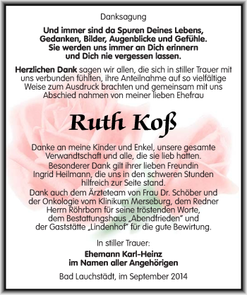 Traueranzeige von Ruth Koß von Mitteldeutsche Zeitung Merseburg/Querfurt