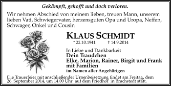 Traueranzeige von Klaus Schmidt von Mitteldeutsche Zeitung Halle/Saalkreis