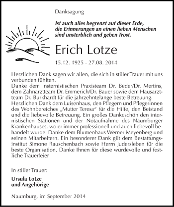 Traueranzeige von Erich Lotze von Mitteldeutsche Zeitung Naumburg/Nebra