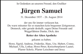 Traueranzeige von Jürgen Samuel von Mitteldeutsche Zeitung Köthen