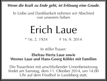 Traueranzeige von Erich Laue von Mitteldeutsche Zeitung Halle/Saalkreis