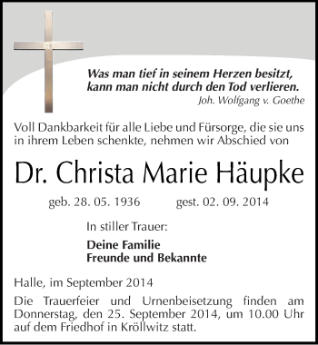 Traueranzeige von Christa Marie Häupke von Mitteldeutsche Zeitung Halle/Saalkreis