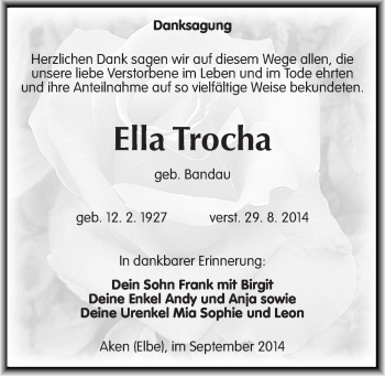 Traueranzeige von Ella Trocha von Mitteldeutsche Zeitung Köthen