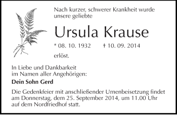 Traueranzeige von Ursula Krause von Mitteldeutsche Zeitung Halle/Saalkreis